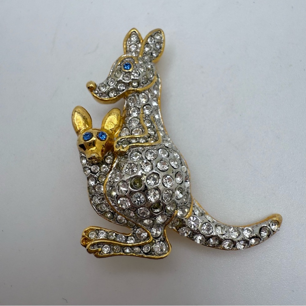 Vintage Gold Silver Tones Rhinestone Kangaroo Joey Brooch Pin
